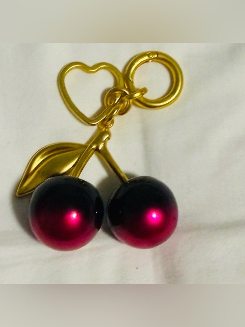 Bag Charm Gold and Red Ombré Cherry Key Fob/Bag charm with dangling heart ♥️